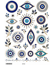 Ριζόχαρτο decoupage Α3 με μπλε μάτια σε στρογγυλά και γεωμετρικά σχέδια, φυλαχτά, φυτικά μοτίβα και χρυσές λεπτομέρειες